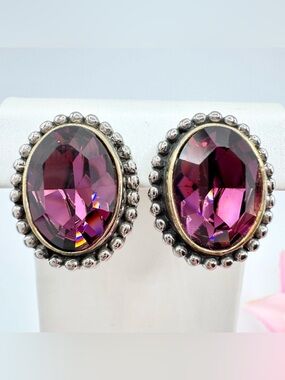 John Candice Purple Austrian Crystal Earrings Scalloped Bezel Omega Back Signed
